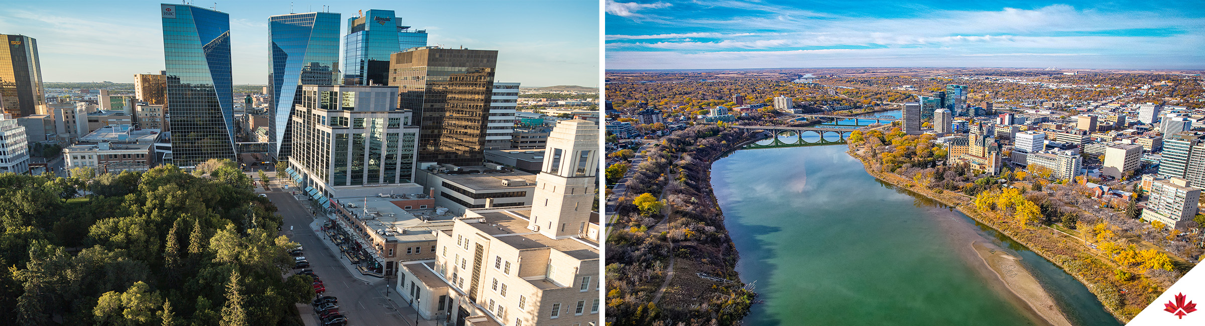 De gauche à droite: Centre-ville de Regina, Centre-ville de Saskatoon.